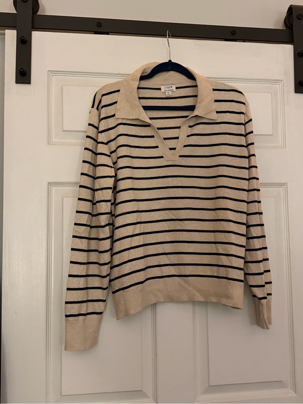 J. Crew Cream V-Neck Polo Sweater with Black Stripes